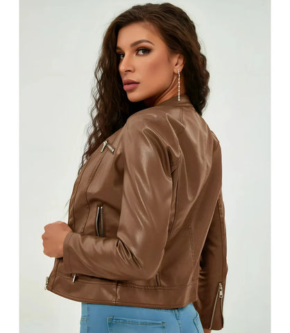 Jaqueta Feminina de Couro Sintético Slim com Zíper e Bolsos, ajuste perfeito e material resistente