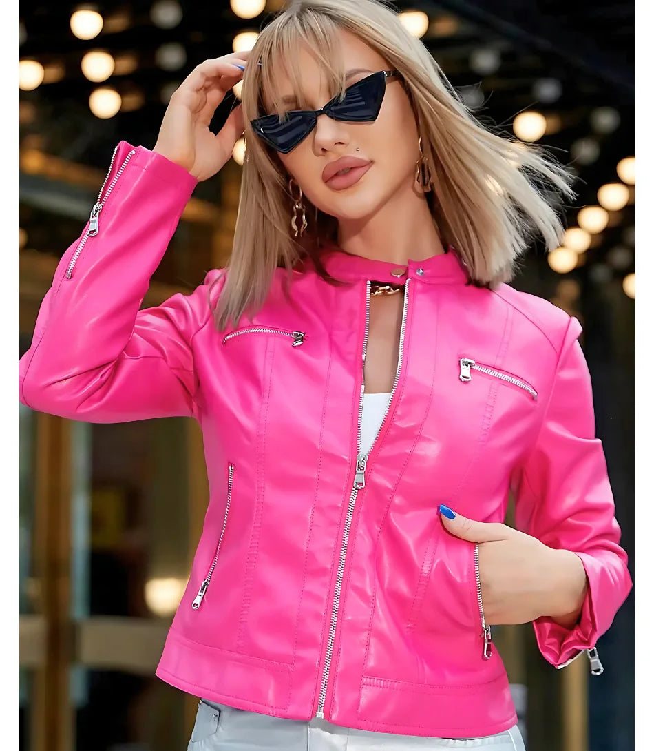 Jaqueta Feminina de Couro Sintético Slim com Zíper e Bolsos, ajuste perfeito e material resistente