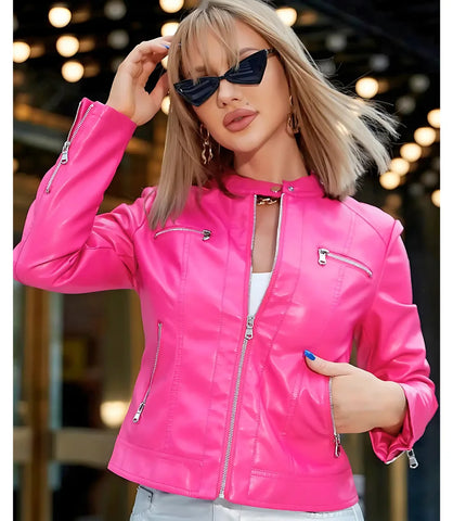 Jaqueta Feminina de Couro Sintético Slim com Zíper e Bolsos, ajuste perfeito e material resistente