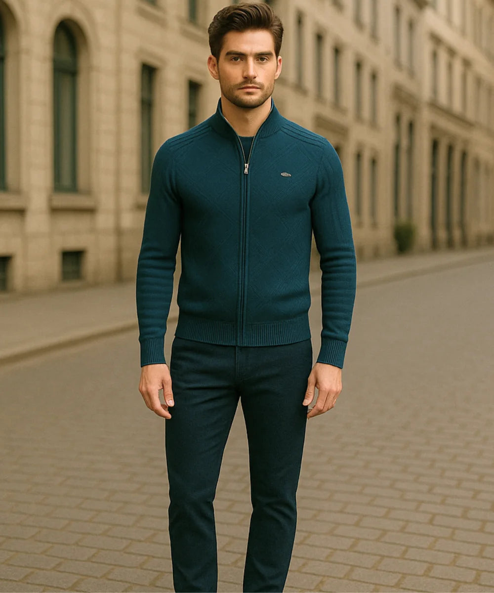 Comprar jaqueta masculina tricot texturizada com zíper para looks casuais elegantes no inverno com conforto e caimento impecável