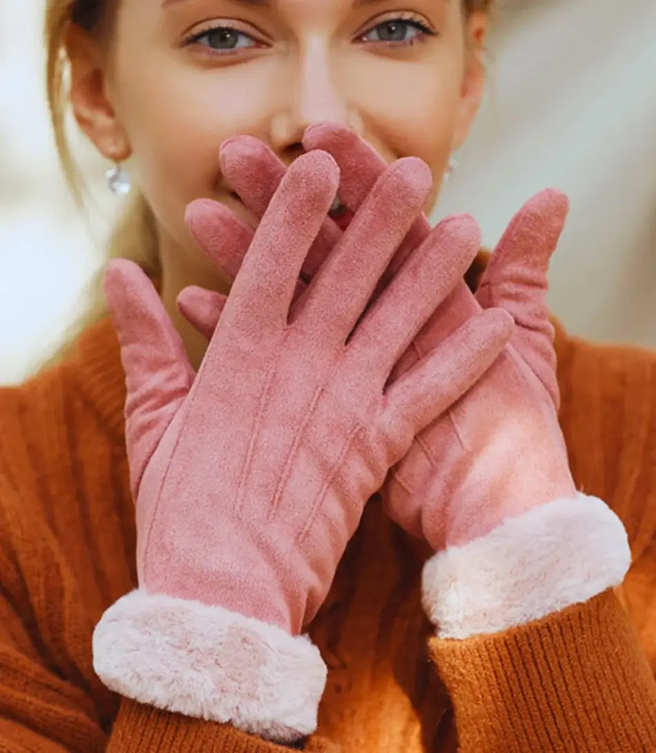 Luva Couro de Frio Veludo femininas em pelúcia e camurça, quentes e compatíveis com tela sensível ao toque.