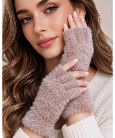 Luva Feminina de Inverno Sem Dedos de Pelúcia Macia cinza, ideal para conforto e estilo em dias frios. Design prático e casual.