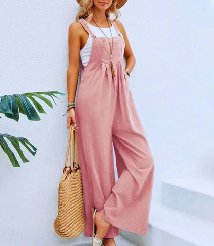 Macacão Comprido Pantalona Feminino de linho e algodão, sem mangas, pernas largas, casual e elegante, ideal para verão.