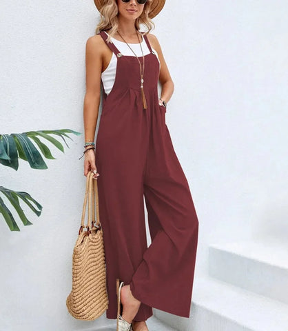 Macacão Comprido Pantalona Feminino de linho e algodão, sem mangas, pernas largas, casual e elegante, ideal para verão.