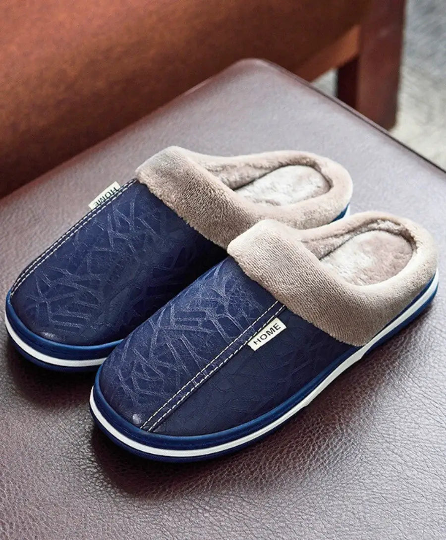 Pantufa masculina azul de algodão antiderrapante com sola de EVA para conforto e segurança no inverno. Anellimn