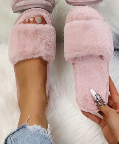 Pantufa feminina Slippers Plush de pelagem sintética, sola de borracha e palmilha de pelúcia curta, ideal para conforto no outono e primavera.