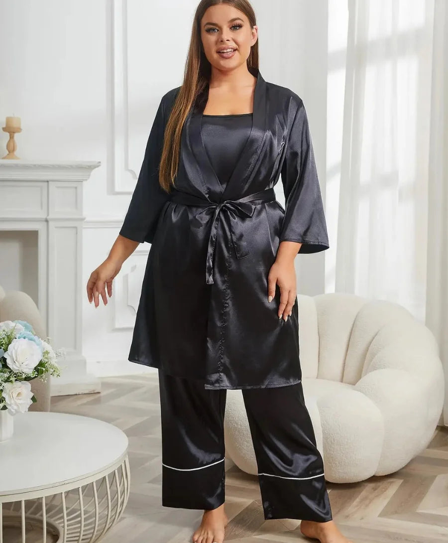 Pijama Plus Size Feminino de Seda com Calça e Camisa de Manga Longa, Confortável e Elegante