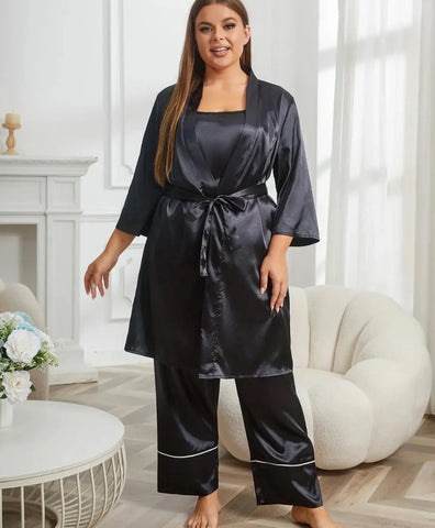 Pijama Plus Size Feminino de Seda com Calça e Camisa de Manga Longa, Confortável e Elegante