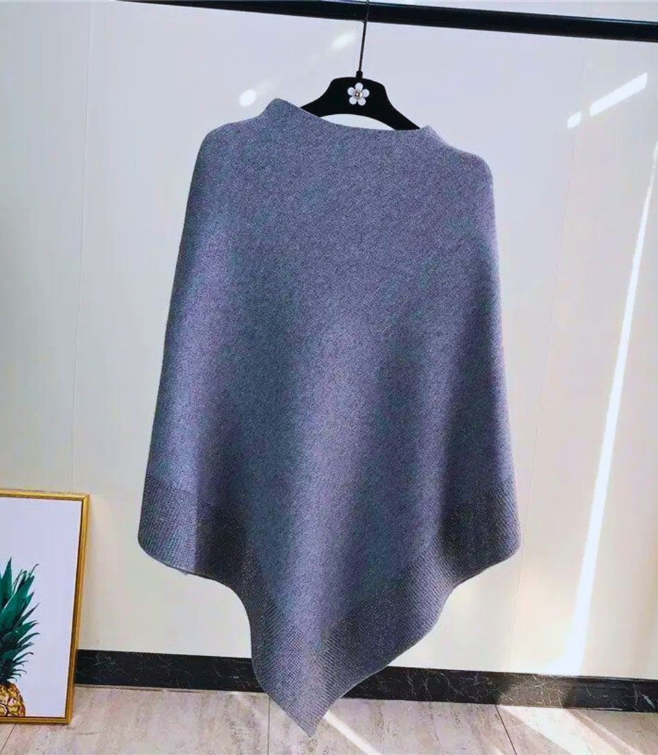 Poncho Tricot de Lã Feminino Anellimn com padrão de diamante e mangas morcego.