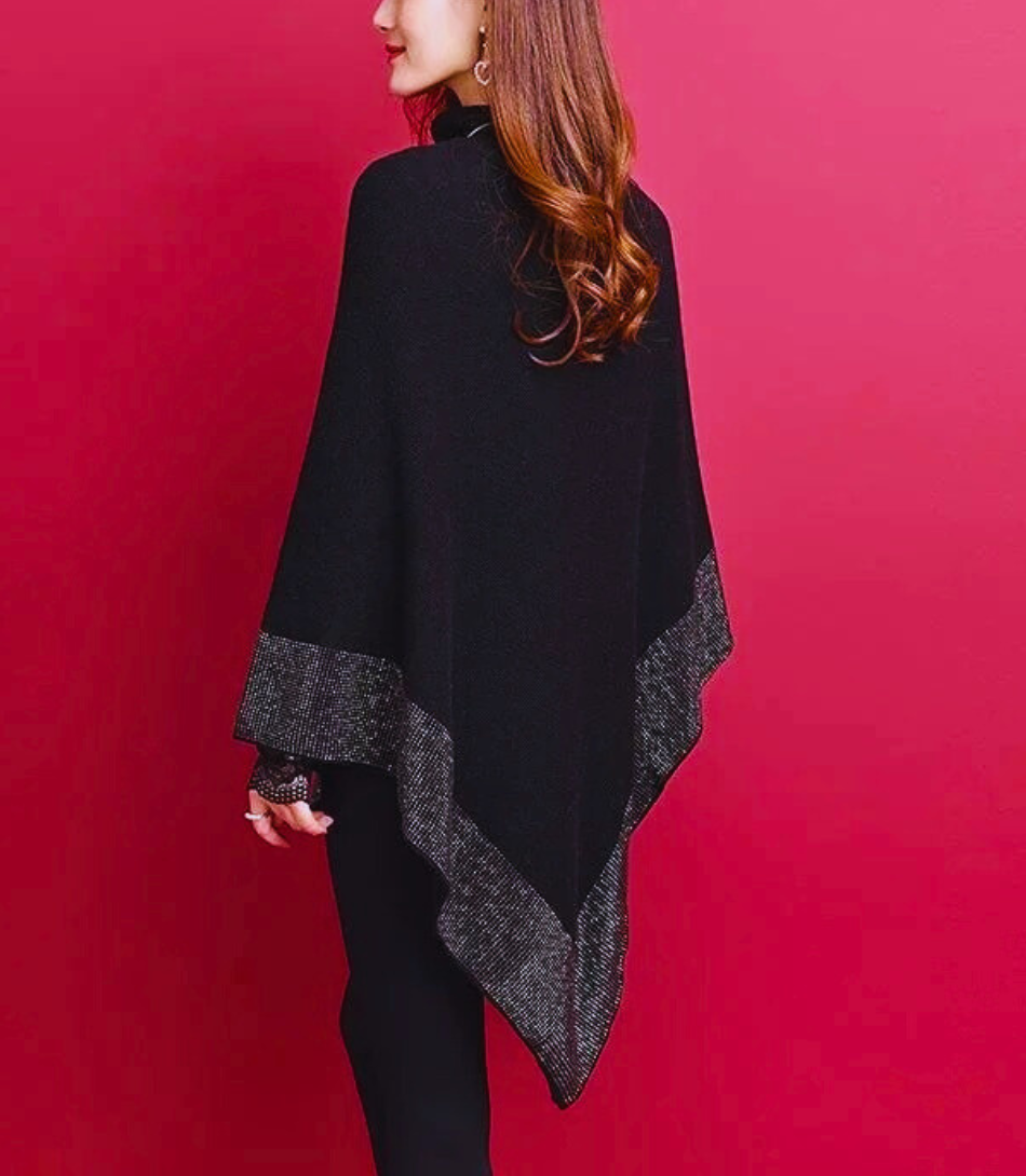 Poncho Tricot de Lã Feminino Anellimn com padrão de diamante e mangas morcego.