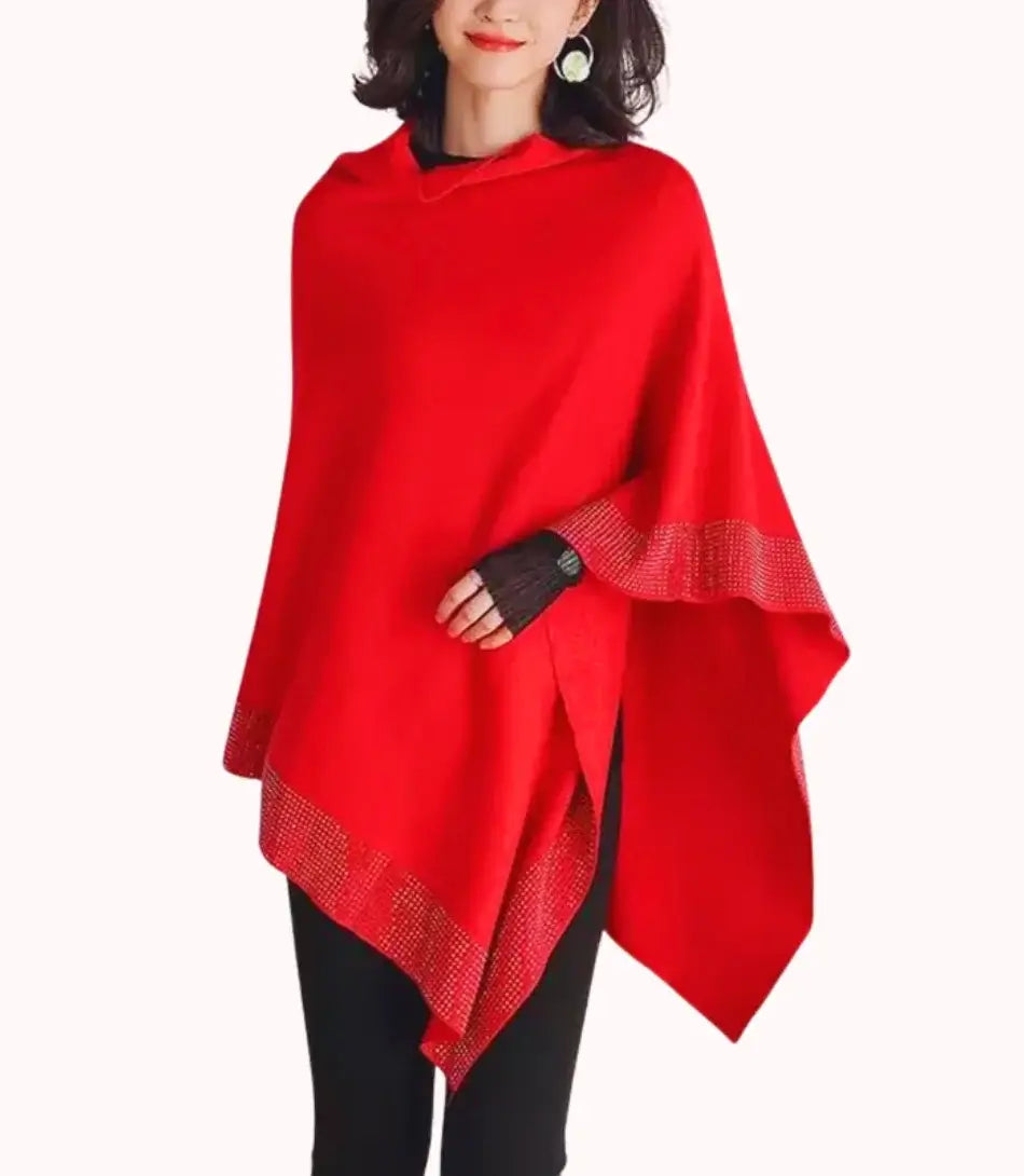 Poncho Tricot de Lã Feminino Anellimn com padrão de diamante e mangas morcego.