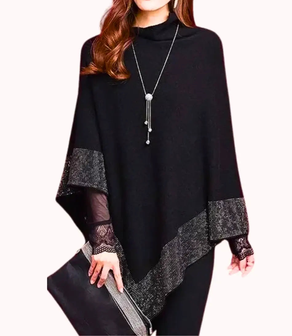 Poncho Tricot de Lã Feminino Anellimn com padrão de diamante e mangas morcego.