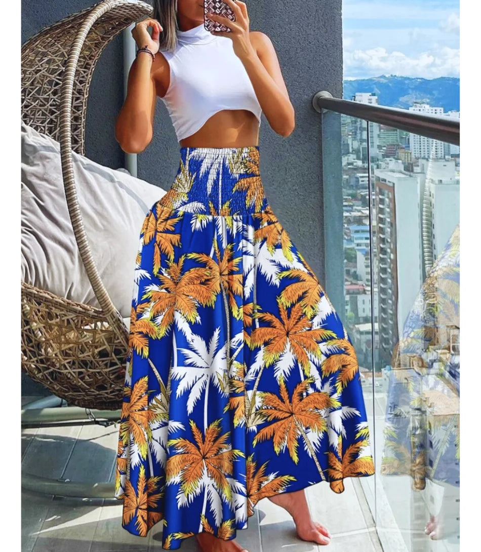 Saia longa boho feminina estampada com cintura alta, estilo leve e fluido, ideal para o verão e ocasiões casuais.