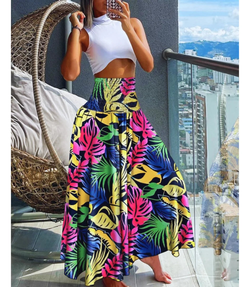 Saia longa boho feminina estampada com cintura alta, estilo leve e fluido, ideal para o verão e ocasiões casuais.