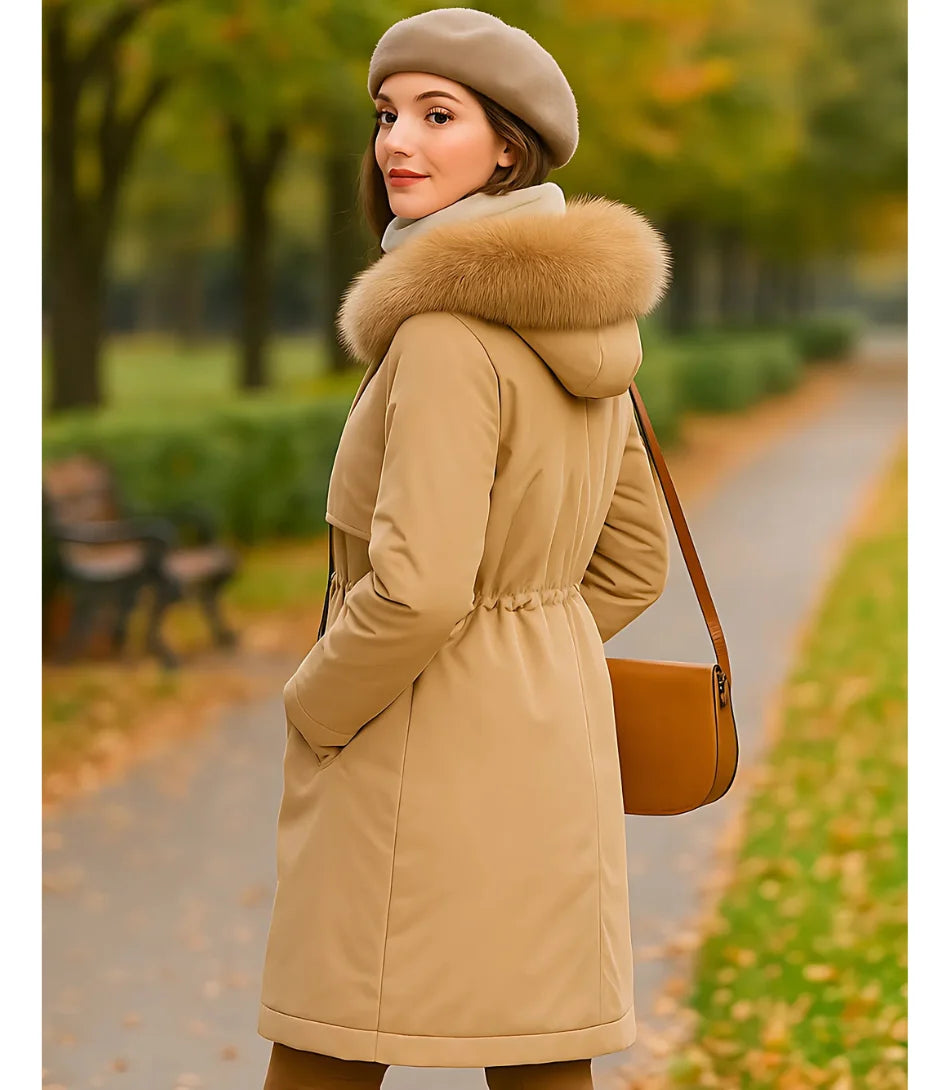 Sobretudo feminino de inverno com forro de pele e capuz, corte reto e ajuste na cintura. Perfeito para aquecimento e elegância nos dias frios.