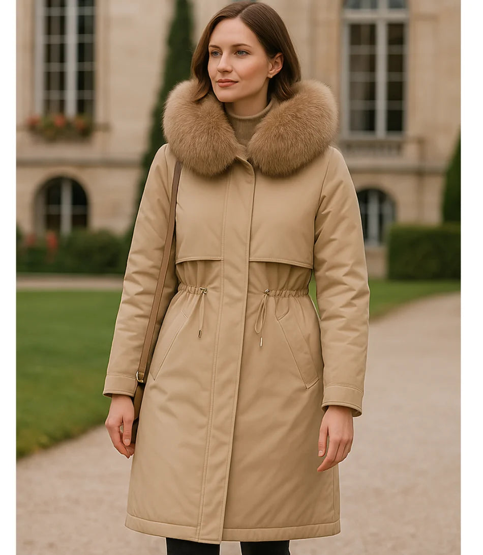 Sobretudo feminino de inverno com forro de pele e capuz, corte reto e ajuste na cintura. Perfeito para aquecimento e elegância nos dias frios.