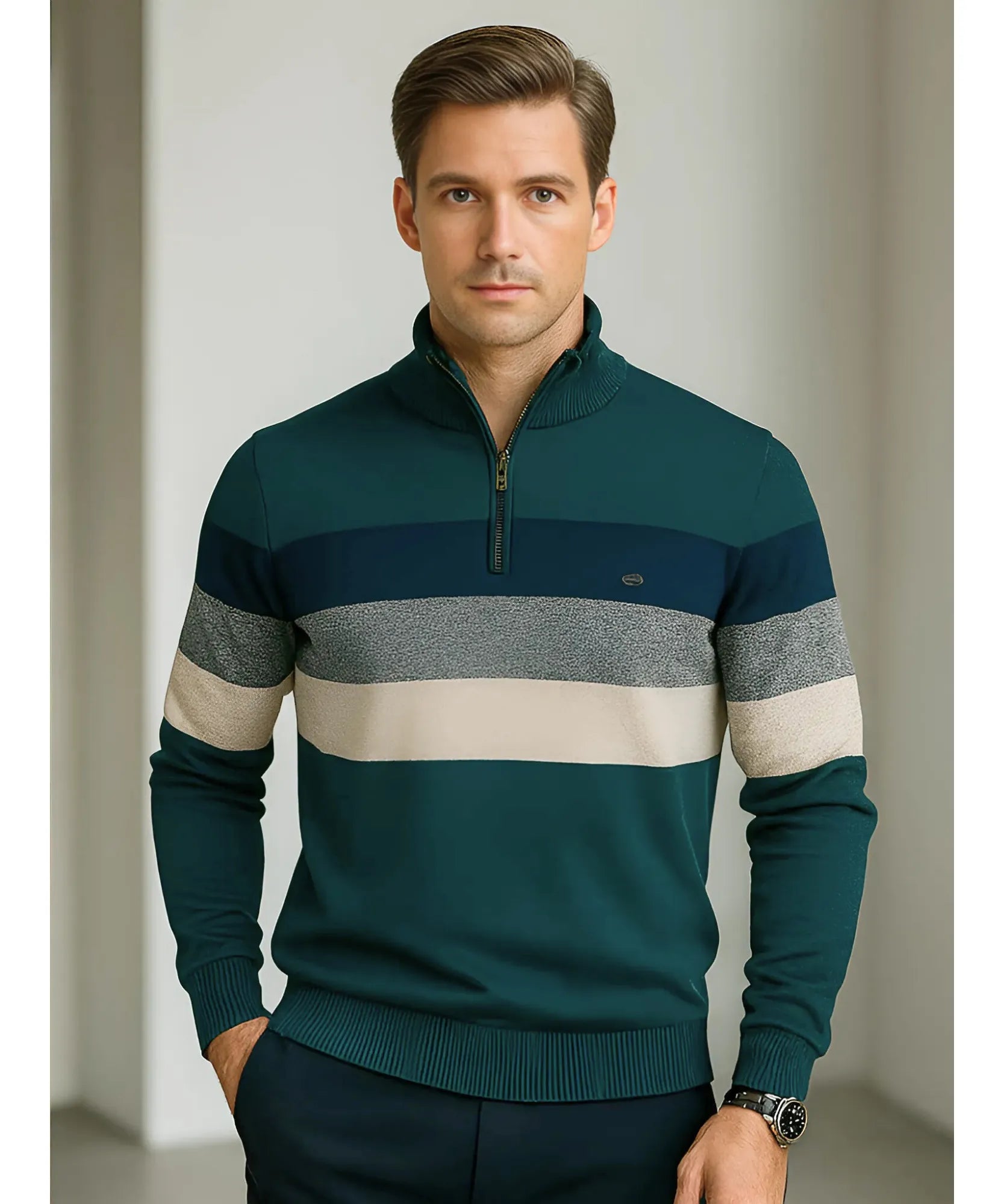 Comprar suéter masculino tricot zíper listrado inverno elegante moderno premium em promoção ZARA
