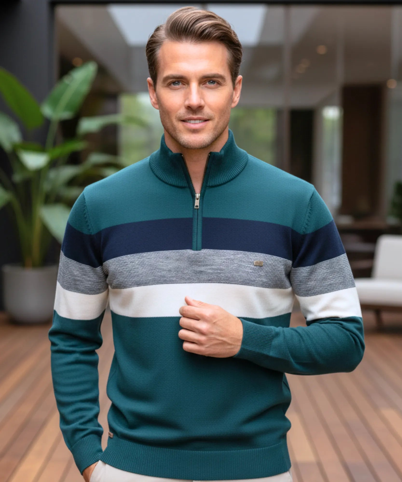 Comprar suéter masculino tricot zíper listrado inverno elegante moderno premium em promoção ZARA