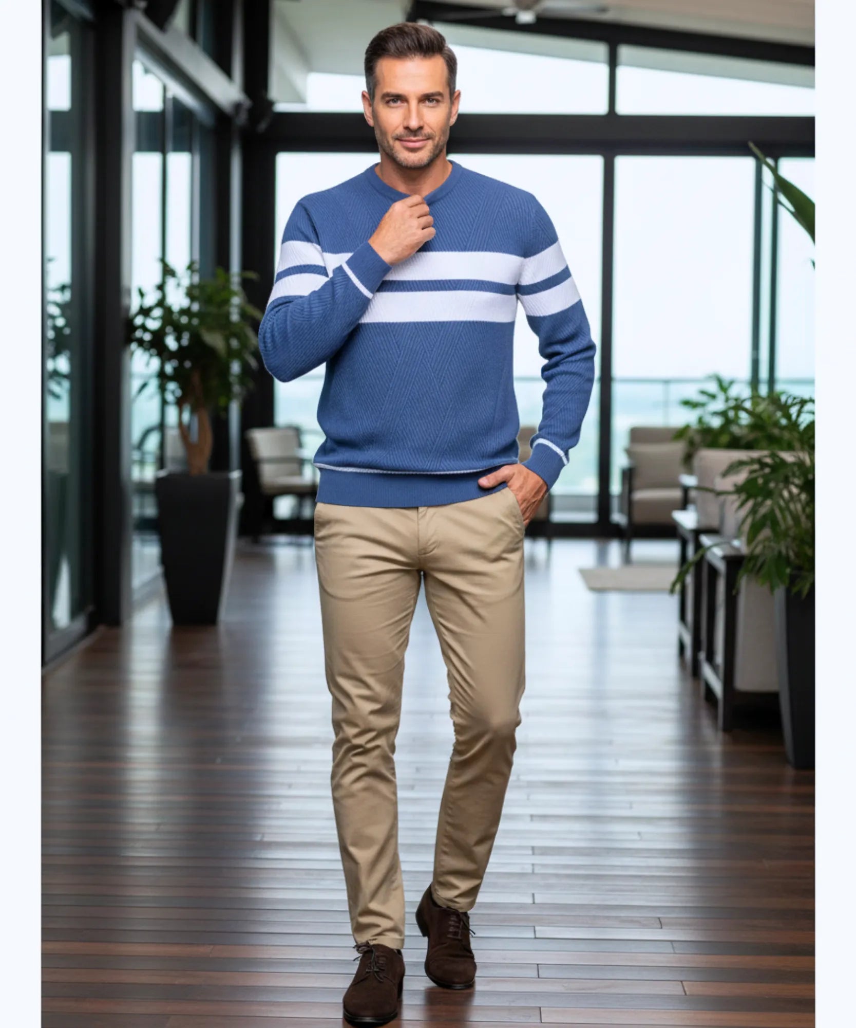 Comprar Suéter masculino tricot com listras texturizadas e gola redonda ANELLIMN