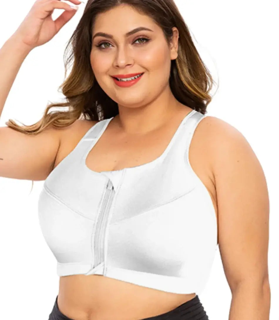 Top esportivo feminino plus size com zíper frontal, fecho ajustável e sustentação, ideal para treinos de alto impacto.