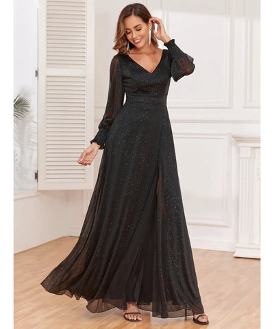 Vestido Longo de Festa Brilhante com Fenda e Manga Longa | Fioare