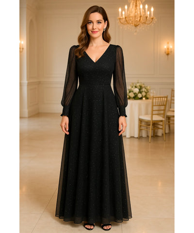 Vestido Longo de Festa Brilhante com Fenda e Manga Longa | Fioare