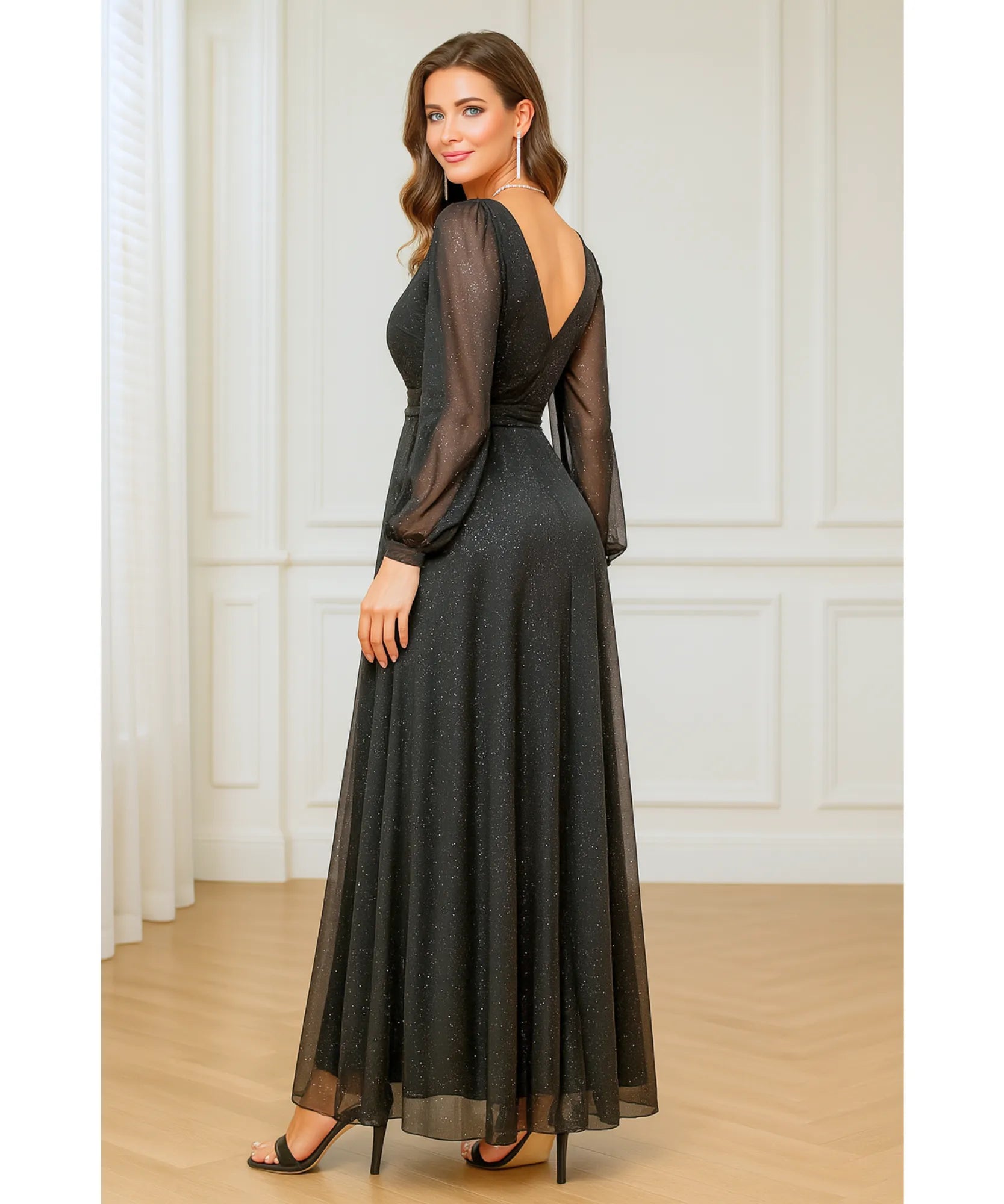 Comprar Vestido Longo de Festa preto Brilhante com Fenda e Manga Longa para madrinhas, formaturas e eventos sofisticados em promoção LADY DRESS
