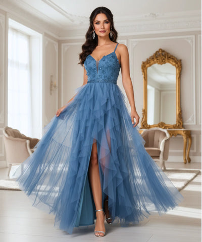 Vestido longo de festa tule com fenda elegante aplicações flores casamentos formaturas madrinhas promoção oferta LADY DRESS