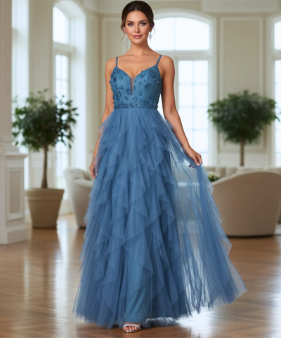 Vestido longo de festa tule com fenda elegante aplicações flores casamentos formaturas madrinhas promoção oferta LADY DRESS