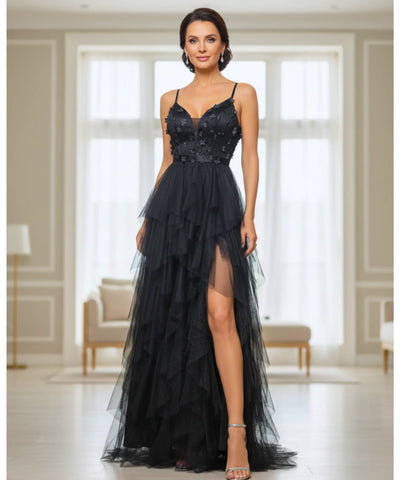 Vestido longo de festa tule com fenda elegante aplicações flores casamentos formaturas madrinhas promoção oferta LADY DRESS