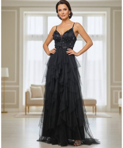 Vestido longo de festa tule com fenda elegante aplicações flores casamentos formaturas madrinhas promoção oferta LADY DRESS