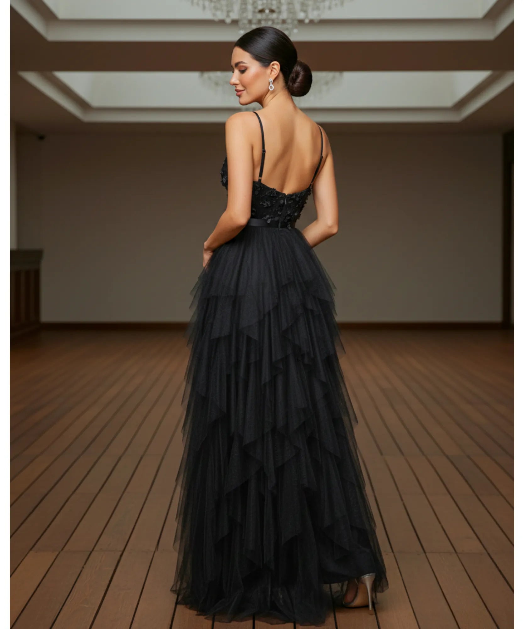 Vestido longo de festa tule com fenda elegante aplicações flores casamentos formaturas madrinhas promoção oferta LADY DRESS