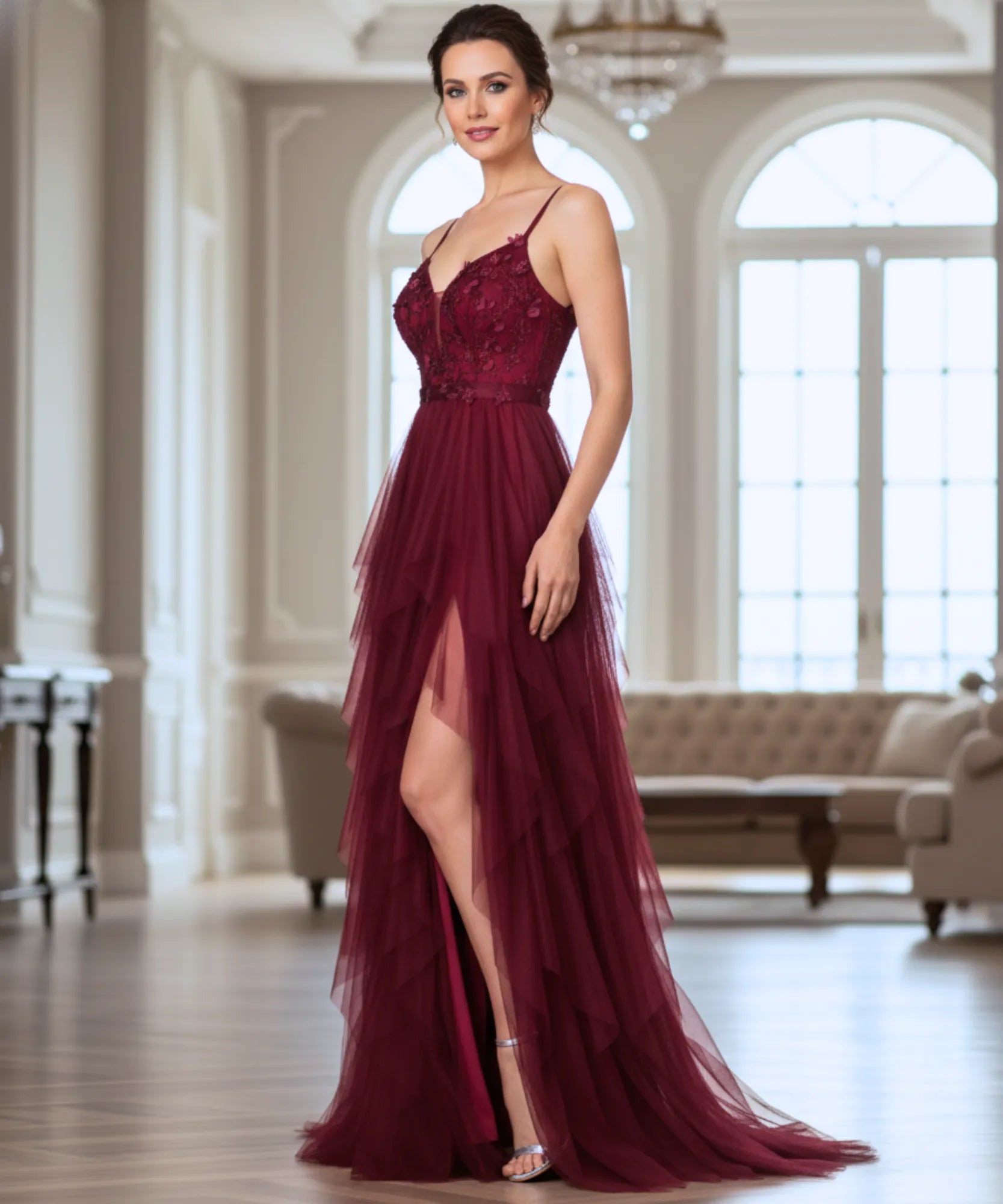 Vestido longo de festa tule com fenda elegante aplicações flores casamentos formaturas madrinhas promoção oferta LADY DRESS