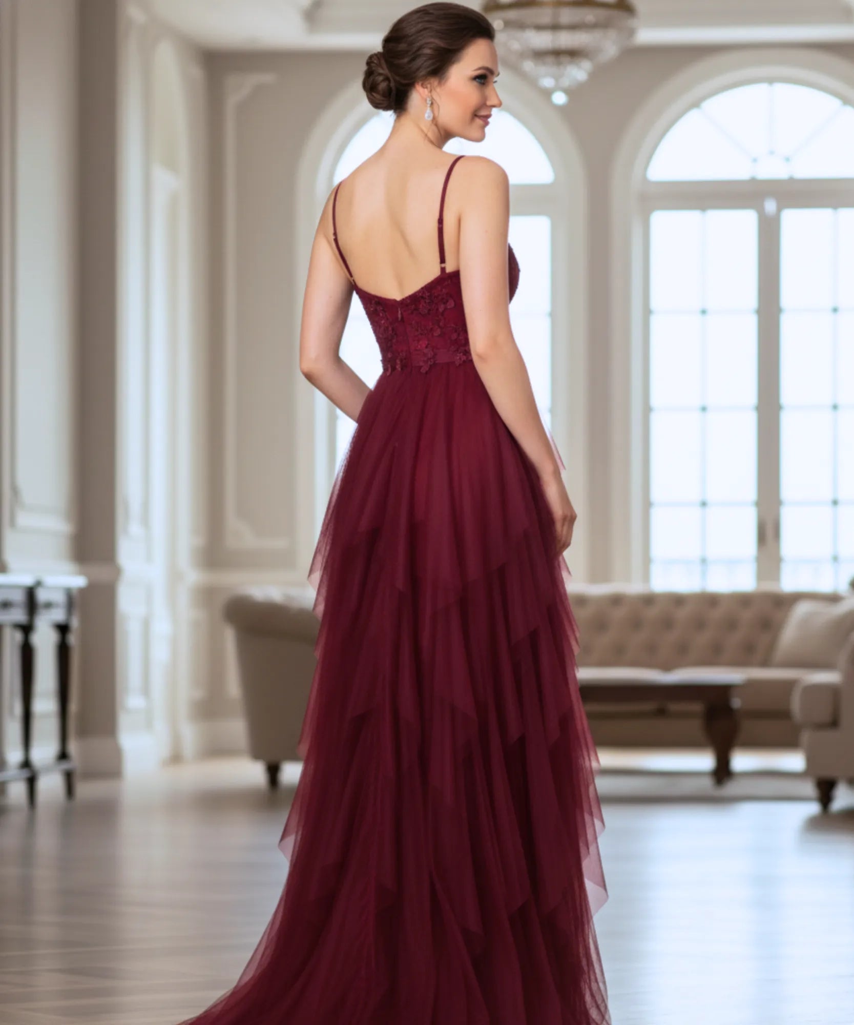 Vestido longo de festa tule com fenda elegante aplicações flores casamentos formaturas madrinhas promoção oferta LADY DRESS