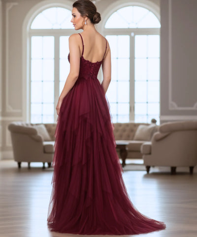 Vestido longo de festa tule com fenda elegante aplicações flores casamentos formaturas madrinhas promoção oferta LADY DRESS