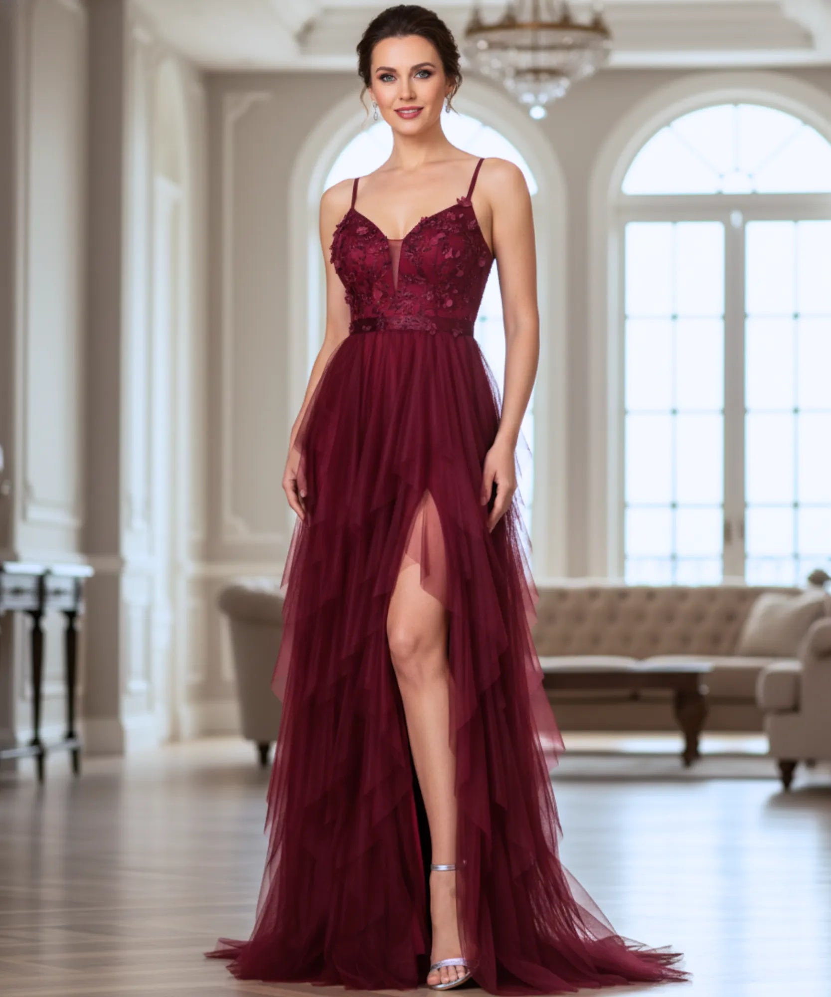 Vestido longo de festa tule com fenda elegante aplicações flores casamentos formaturas madrinhas promoção oferta LADY DRESS
