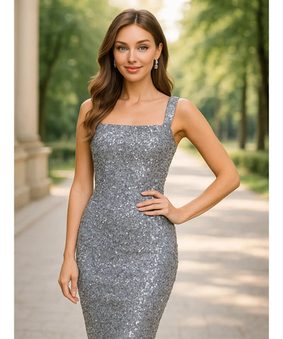 Vestido Midi de Festa com Paetês e Alças Largas Elegante | Castellani