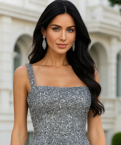 Vestido Midi de Festa com Paetês e Alças Largas Elegante | Castellani