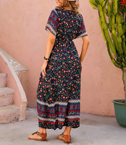 Vestido Boho Longo Estampado com Decote V e Manga Curta