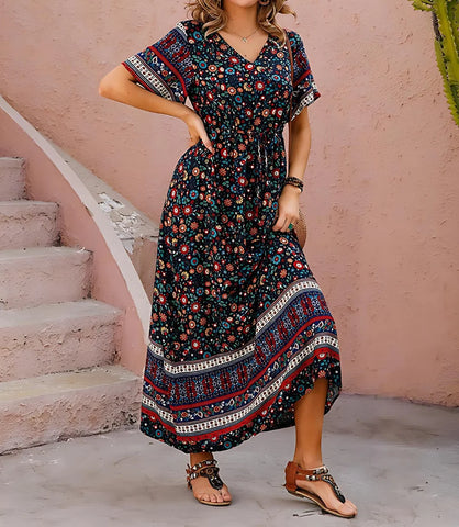 Vestido Boho Longo Estampado com Decote V e Manga Curta