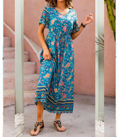 Vestido Boho Longo Estampado com Decote V e Manga Curta