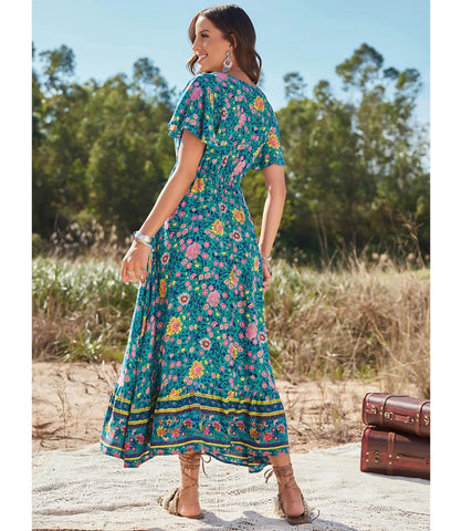 Vestido Boho Longo Estampado com Decote V e Manga Curta