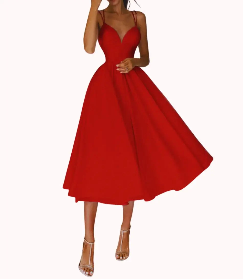 Vestido Casamento Civil Midi Sem Manga, elegante com decote em V, ideal para cerimônia civil.