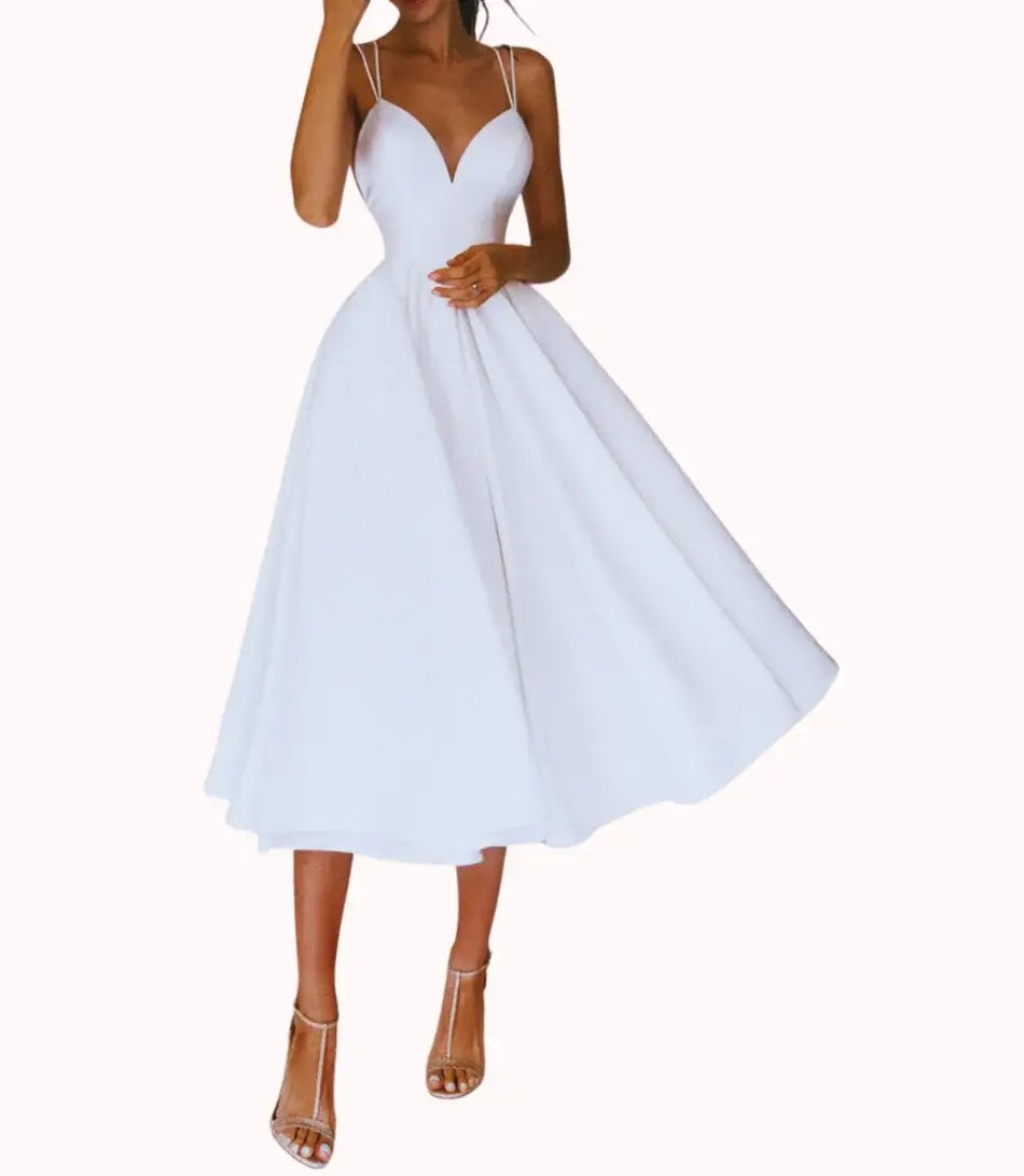 Vestido Casamento Civil Midi Sem Manga, elegante com decote em V, ideal para cerimônia civil.