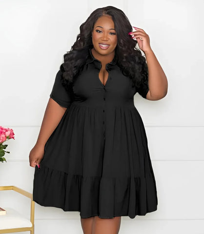 Vestido Chemise Plus Size Curto com Botões e Babados preto - Anellimn