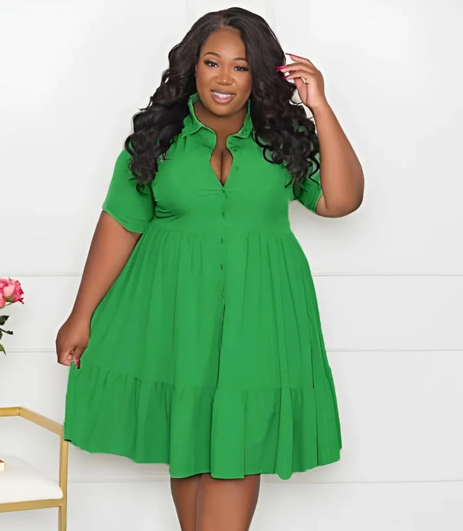 Vestido Chemise Plus Size Curto com Botões e Babados Verde  - Anellimn