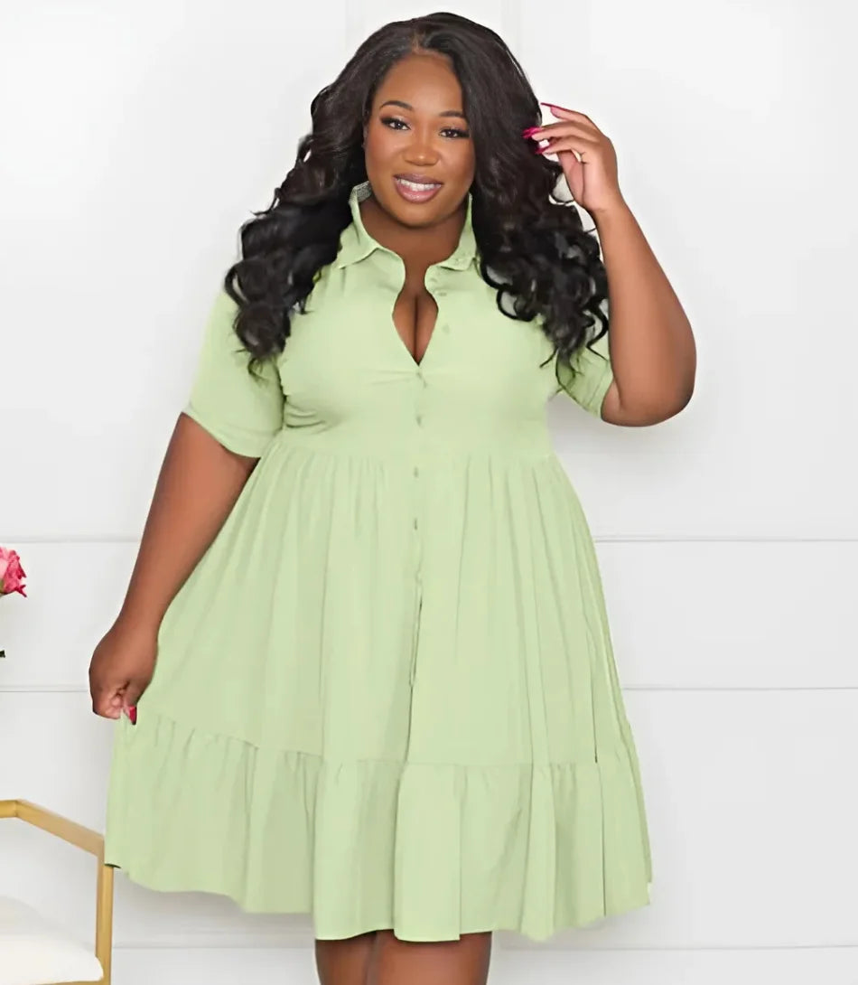 Vestido Chemise Plus Size Curto com Botões e Babados Verde  - Anellimn