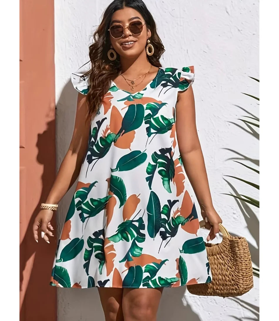 Vestido Curto Estampado Floral Casual Plus Size com Babados e Decote V branco floral