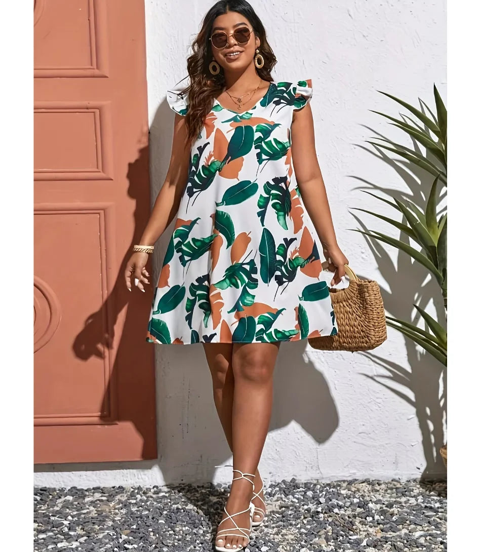 Vestido Curto Estampado Floral Casual Plus Size com Babados e Decote V branco floral