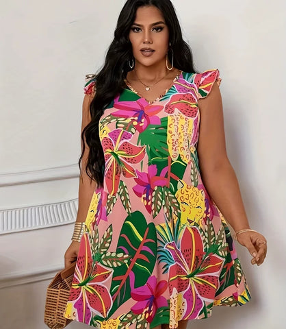 Vestido Curto Estampado Floral Casual Plus Size com Babados e Decote V rosa floral